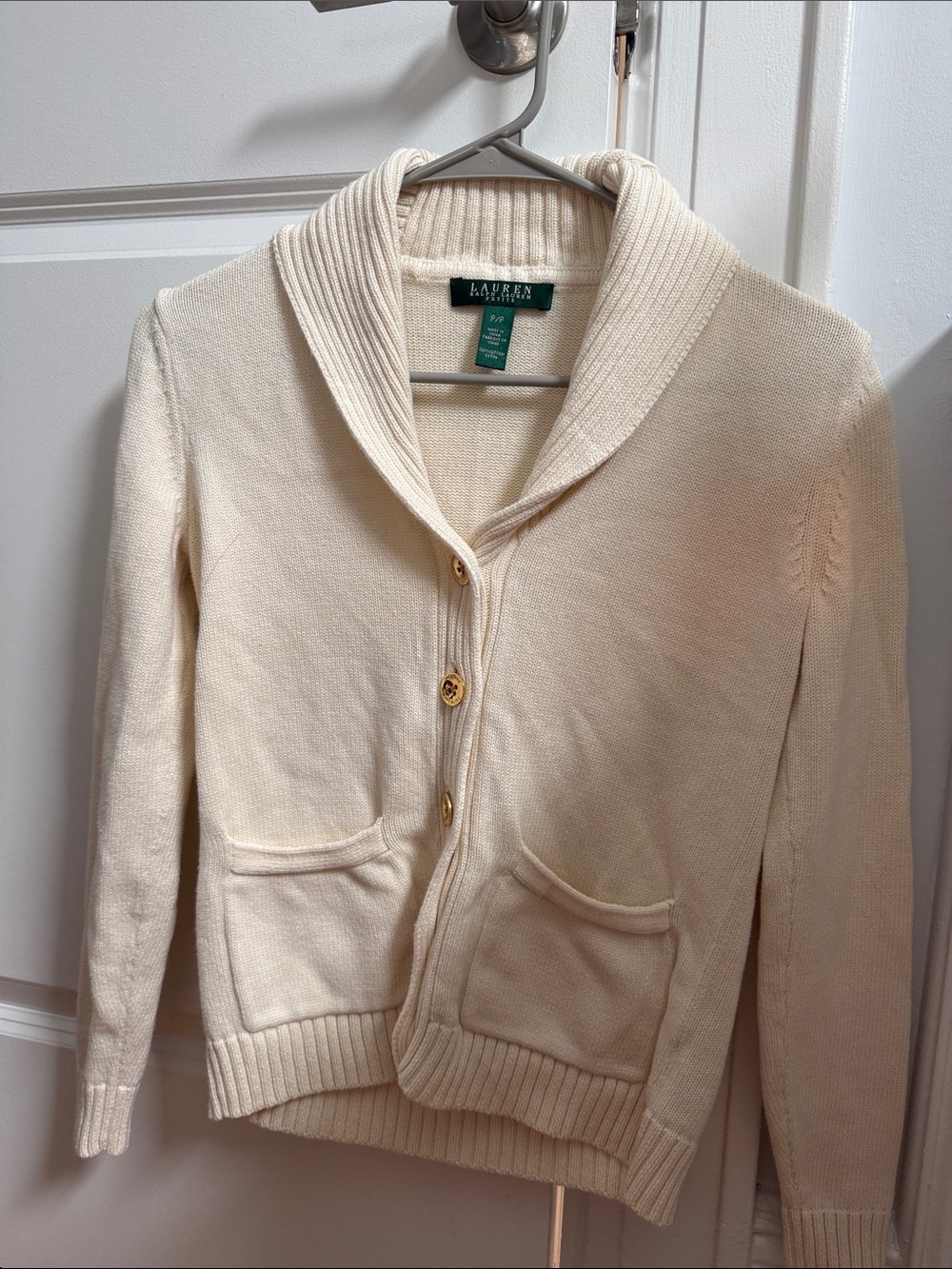 Ralph Lauren Cream Shawl Collar Cardigan with Gold Buttons
